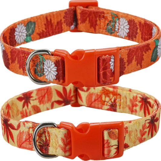Fall Dog Collar for Small Dogs 2 Pack Thanksgiving Dog Collars with Maplel and Flower Pattern Adjustable & Soft for Wearing Perfect for Puppy