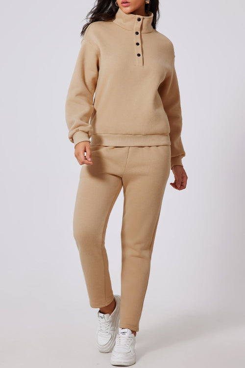Image of Parchment Solid Half Button Sweatshirt And High Waist Sweatpants Set 15886501 from Edmene LLC