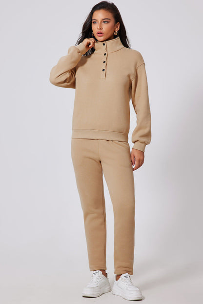 Image of Parchment Solid Half Button Sweatshirt And High Waist Sweatpants Set 15886501 from Edmene LLC