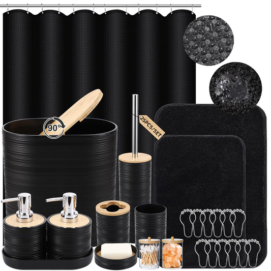 XLHOMO Bathroom Set - Black Bathroom Accessories Set Bathroom Sets with Shower Curtain and Rugs 25PC Shower Curtain Set with Hooks Soap Dispenser Soap Dish Toilet Brush Holder and Trash Can