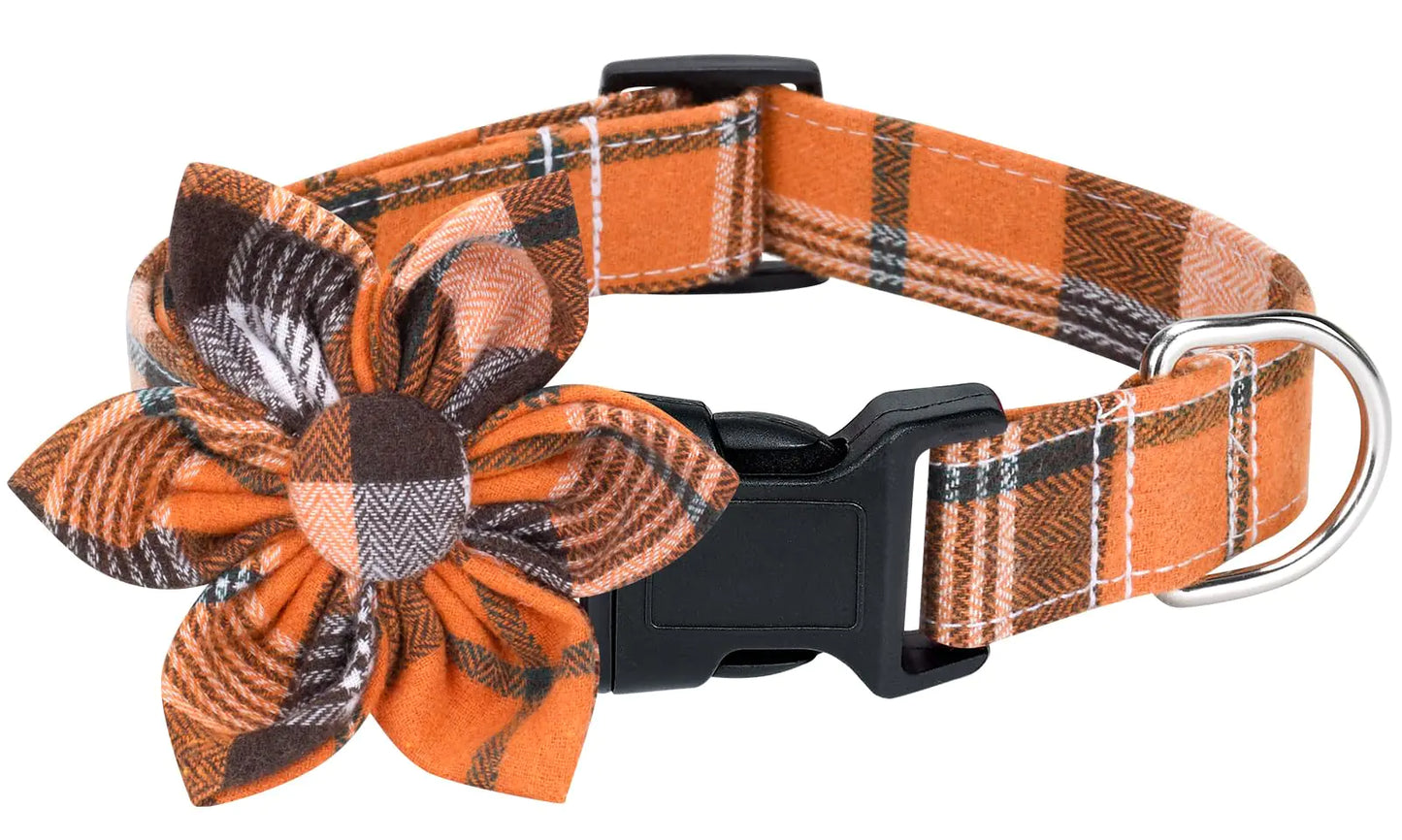 Malier Thanksgiving Dog Collar with Flower Classic Plaid Fall Dog Collar with Buckle Adjustable Thanksgiving Collars with Bow Tie for Small Medium Large Dogs Puppy (Yellow Small)