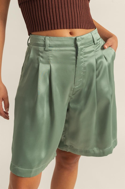 Image of HYFVE High-Waist Pleated Satin Shorts from Edmene LLC