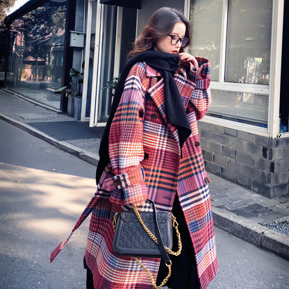 Winter New Plus Size Women's Thick Woolen Retro Check Woolen Coat
