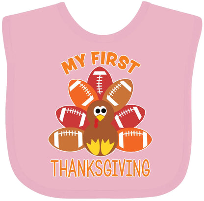 inktastic My First Thanksgiving with Football Turkey Baby Bib Pink 3c906