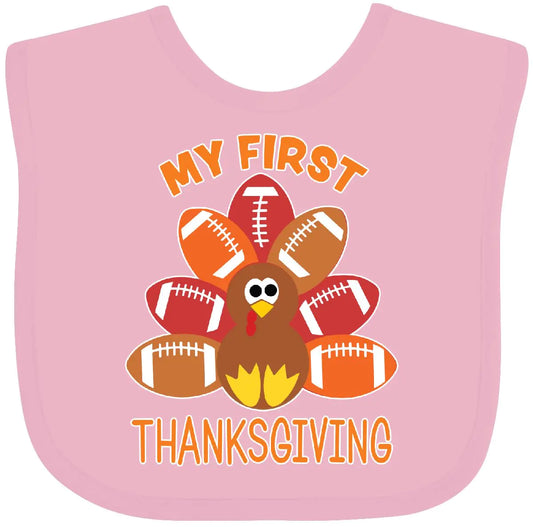 inktastic My First Thanksgiving with Football Turkey Baby Bib Pink 3c906