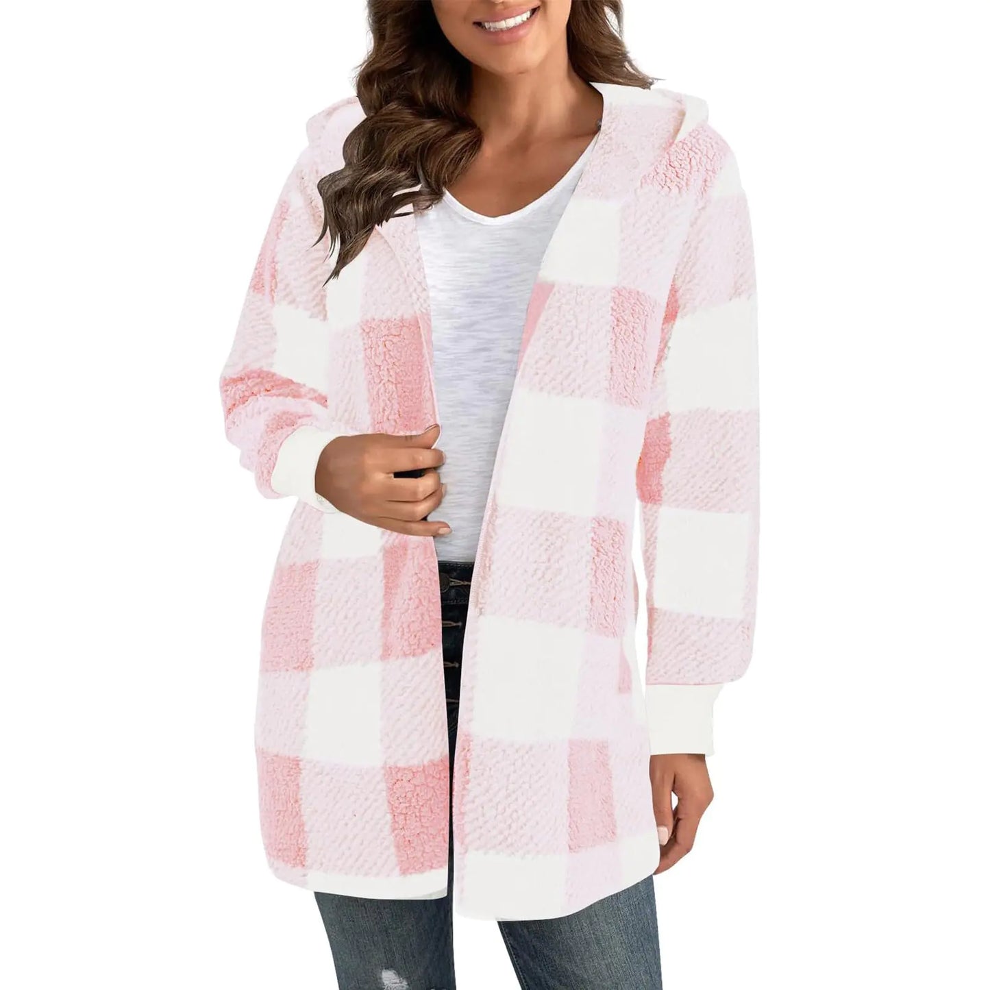 Lighten Deals Of The Day Light Jackets For Women Casual Fall Female Christmas Gifts Winter Open Front Fleece Coat Outwear Knitted Hooded Coats Long Sleeve Buckle Wool Hoodie(PinkSmall)