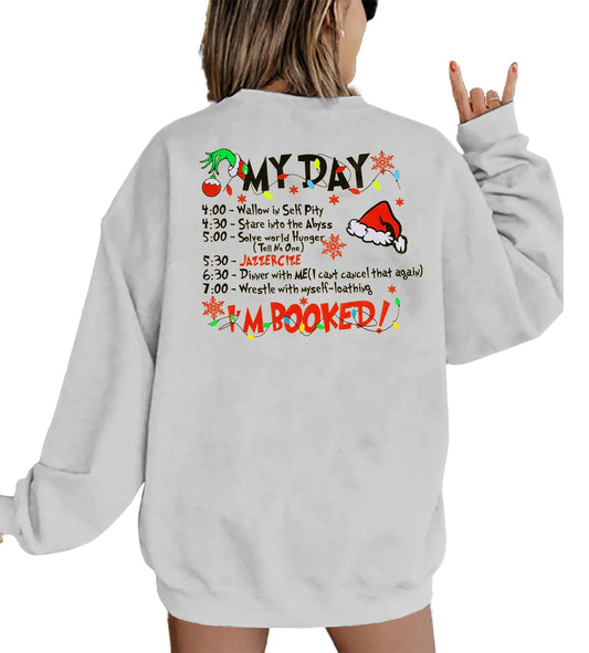 VILOVE Merry Christmas Sweatshirt Women Christmas My Christmas Day IM Booked Hoodies Xmas Long Sleeve Sweater Blouse Top Grey