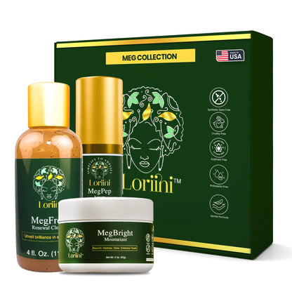 LORIINI Meg Collection | Complete Skincare Set with MegFresh Cleanser MegPep Serum MegBright Moisturizer | Includes Free Gua Sha Tool