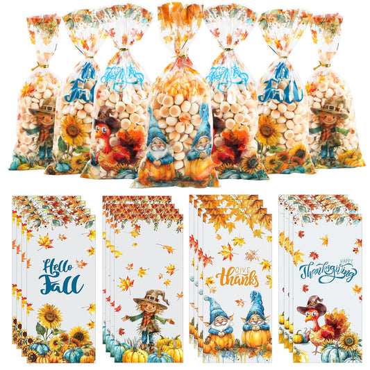 FOIMAS 160pcs Fall Cellophane Bags Thanksgiving Candy Treat Bags Maple Leaves Pumpkin Goody Snack Bags for Fall Thanksgiving Harvest Party Favor Supply
