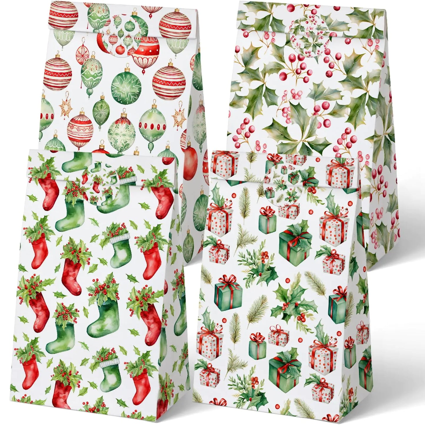 Gupesxu Christmas Treat Bags - 24PCS Christmas Gift Bags with Stickers Christmas Ornaments Paper Bags for Gifts Christmas Berries Stocking Goody Bags Baskets Bulk for Kids Holiday Party Favors