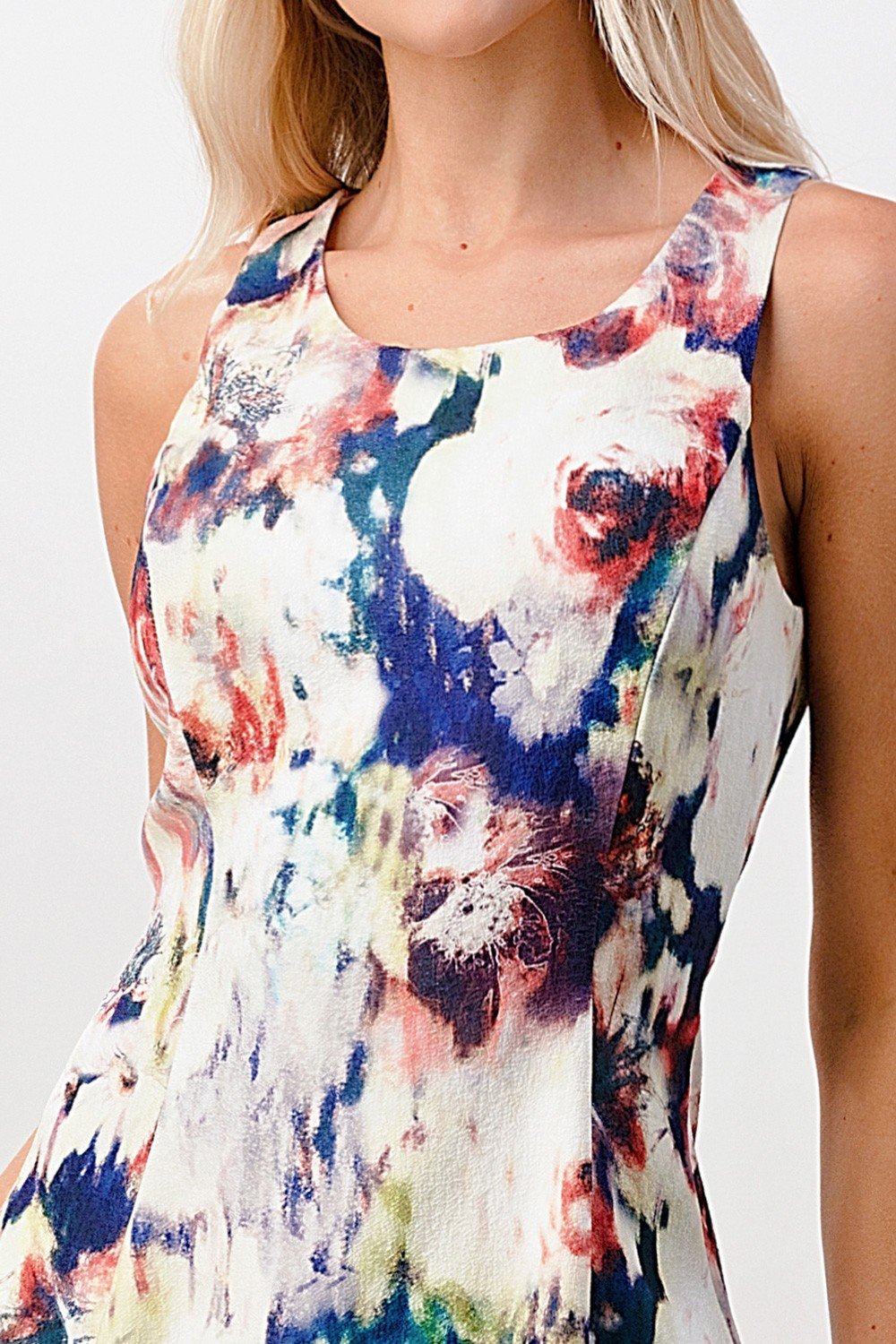 Image of Sleeveless A Line Dress With Watercolor Floral Print 567922870 from Edmene LLC