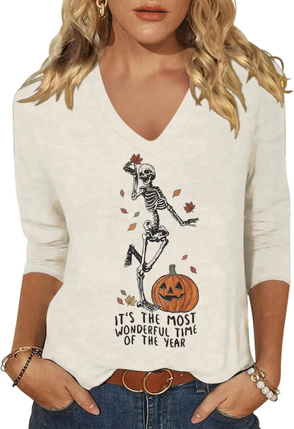 Scgirl Womens Fall Shirts Halloween V Neck 3/4 Length Sleeve Pumpkin T-Shirts Thanksgiving Graphic Tee Tops (XXLBeige Ku)