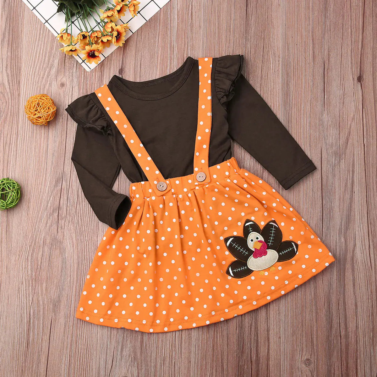 Thanksgiving Toddler Dress Set with Embroidered Turkey