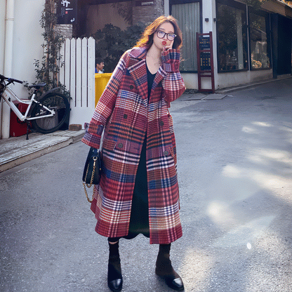 Winter New Plus Size Women's Thick Woolen Retro Check Woolen Coat