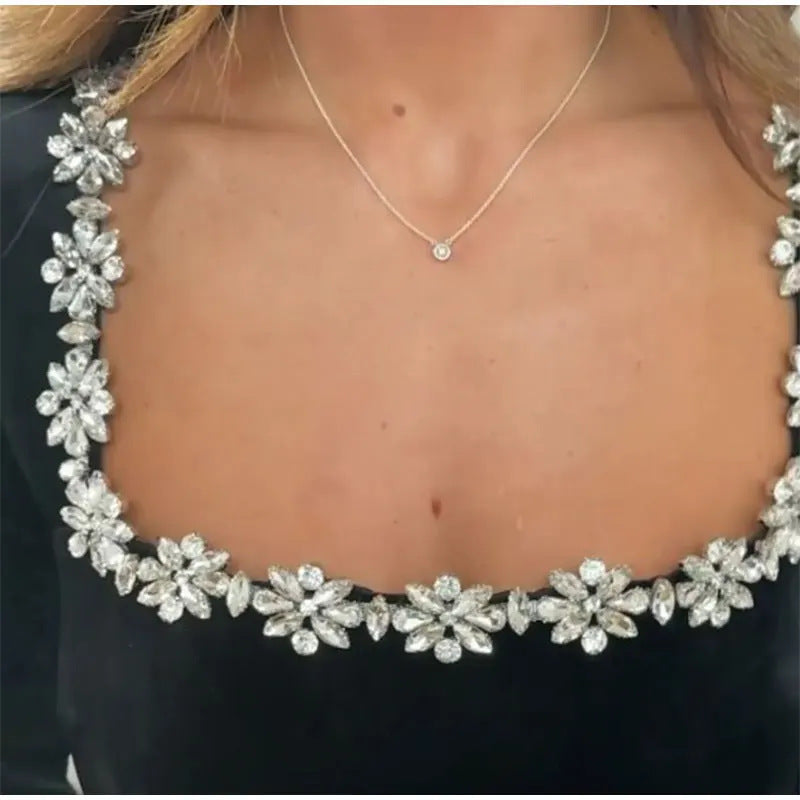 Image of Elegant Square Neck Long Sleeved Dress With Flowers Rhinestone Design Fashion A Line Short Dresses Spring Clothing For Women 556078008 from Edmene LLC