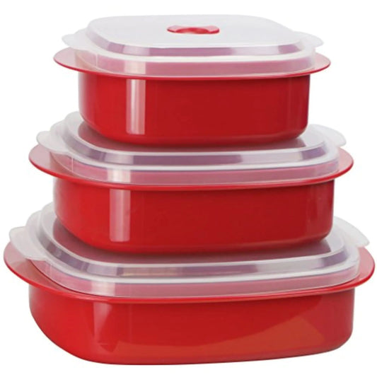 Reston Lloyd Nesting Microwave Containers Set of 3 Adjustable Steam Vents Airtight Meal Prep Durable BPA-Free Plastic- Freezer & Dishwasher Safe Cookware & Food Storage Anyday Cookware Red