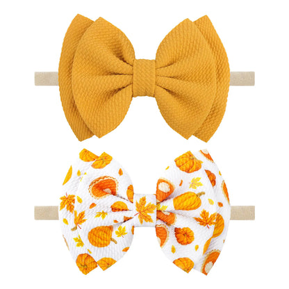 ONENINEDREAM Thanksgiving Baby Bow Pumpkin Headband Thanksgiving Bows for Toddler Fall Bows for Baby Girls Hair Accessories Pumpkin Hair Yellow Bow 2Pcs