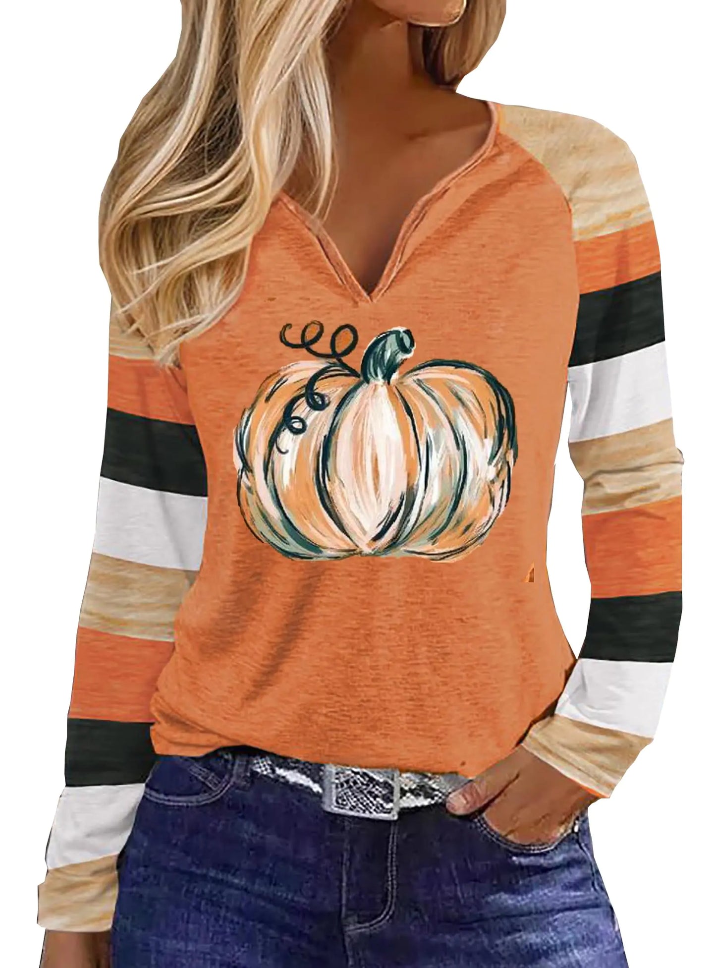 Thankful Greatful Blessed Pumpkin Baseball T-Shirt for Women Thanksgiving Leopard Stripe Splicing Sleeve Shirt (Orange-fSmall)