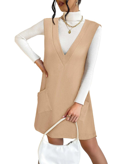 VETIOR Winter Thanksgiving Dresses 2024 Overall Pinafore Casual Sweater Winter Christmas Vest Short Sweater Dress Khaki L