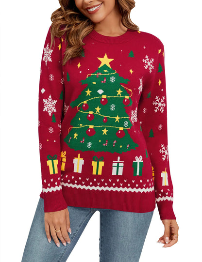 Ugly Christmas Sweaters for Women 2024 Trendy Christmas Tree Sweater Funny Christmas Sweater Long Sleeve Santa Holiday Vacation Sweaters Fall Red Sweater