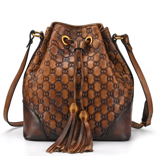 Vintage Leather Bucket Bag for Women - Versatile Design
