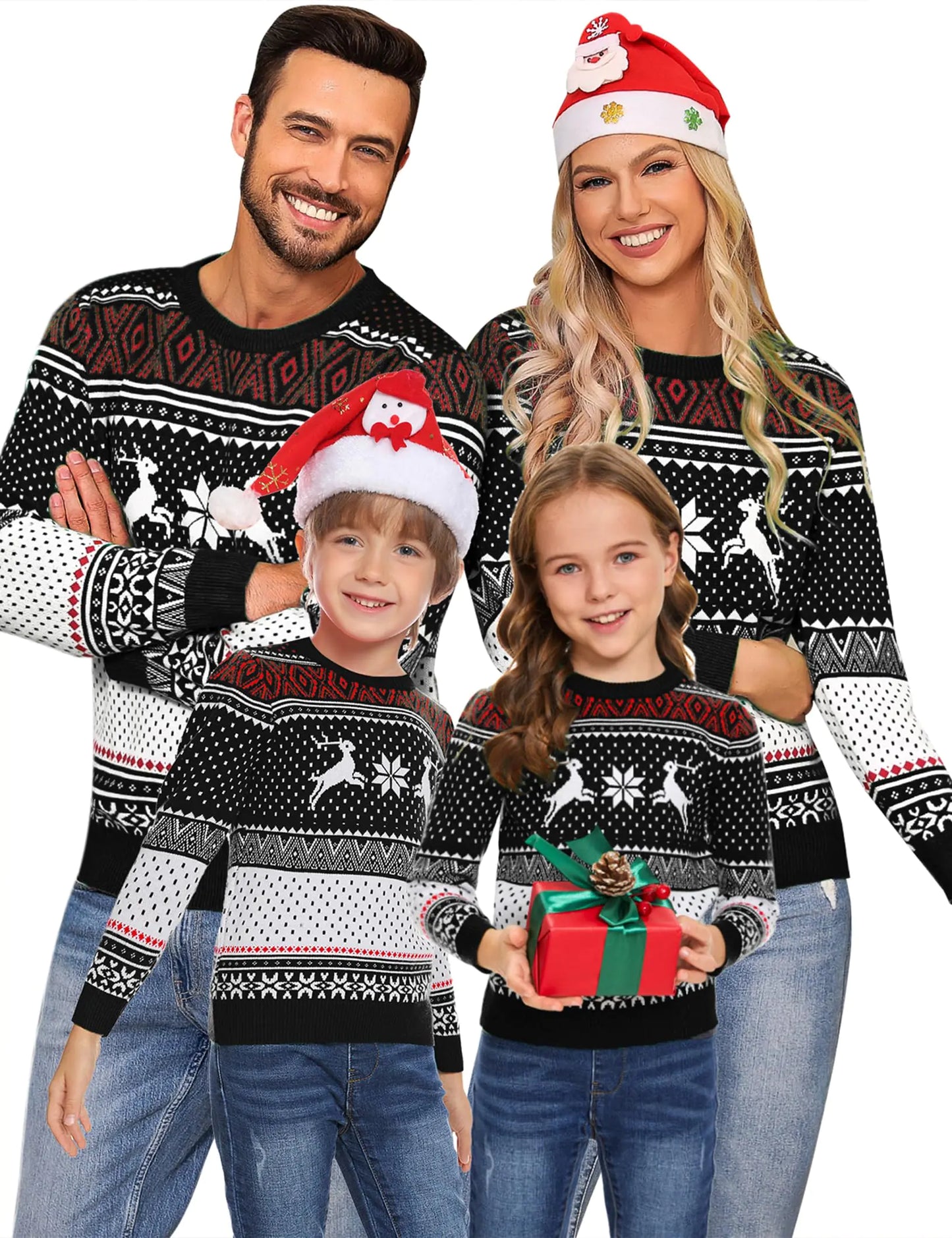 Matching Family Christmas Sweater Reindeer Snowflakes Kids Boys Girls Holiday Xmas Pullover