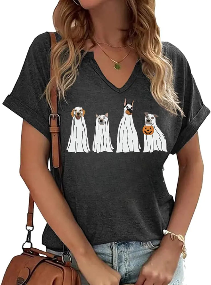 Women Fall T-Shirt V Neck Halloween Pumpkin Shirts Cute Autumn Thanksgiving Graphic Tee Tops(MDog-Dark Grey)