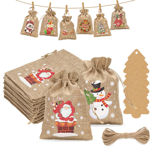 G2PLUS Christmas Drawstring Burlap Gift Bags 24 Pack Christmas Advent Calendar Bags 8 Designs Christmas Gift Bags with Christmas Tree Tags 5×7 inches Goodie Bags for Xmas Holiday Party Favors