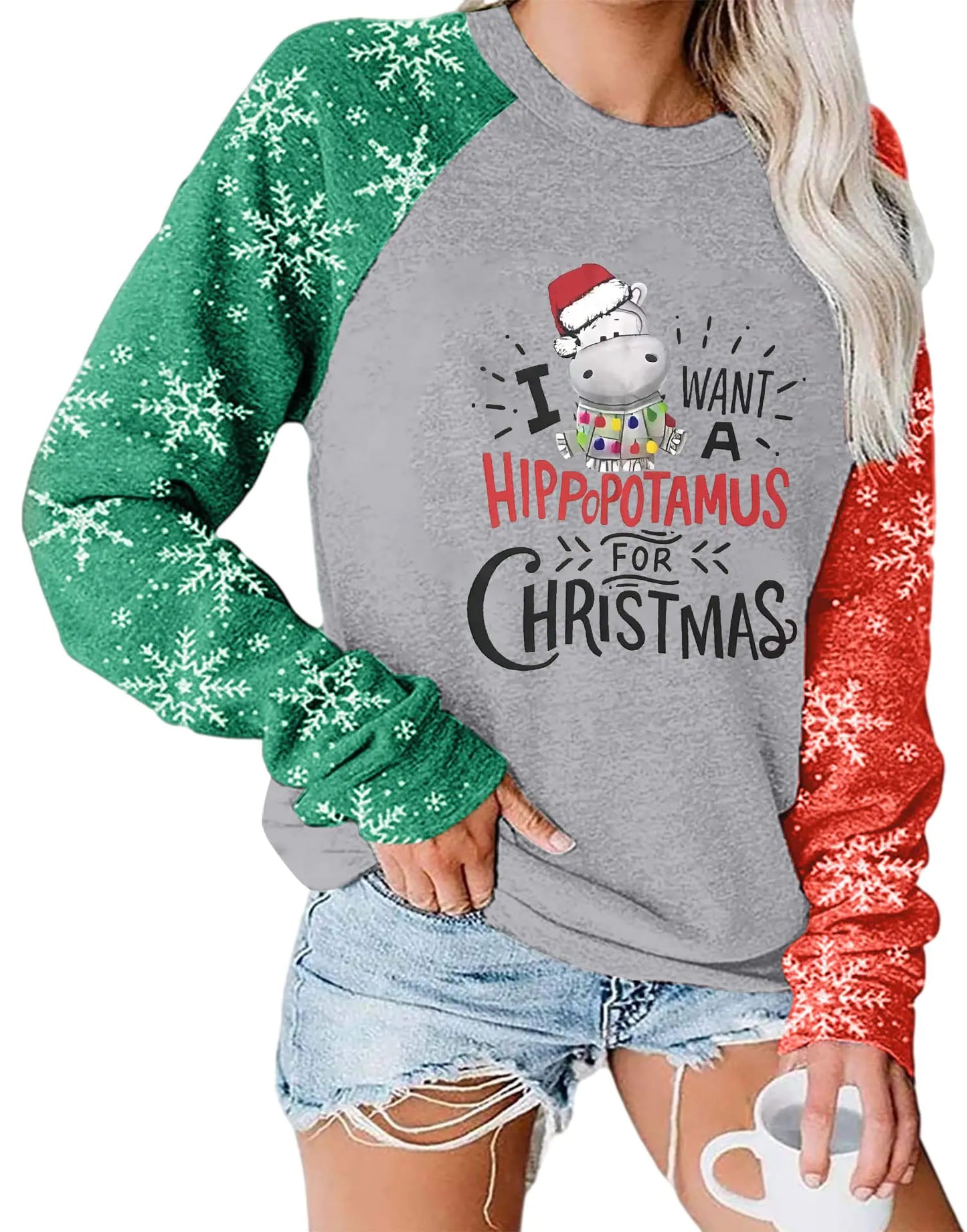 ASTANFY Christmas Sweatshirts for Woman I Want A Hippopotamus for Christmas Shirt Funny Merry Christmas Bleached Sweatshirt Green Red
