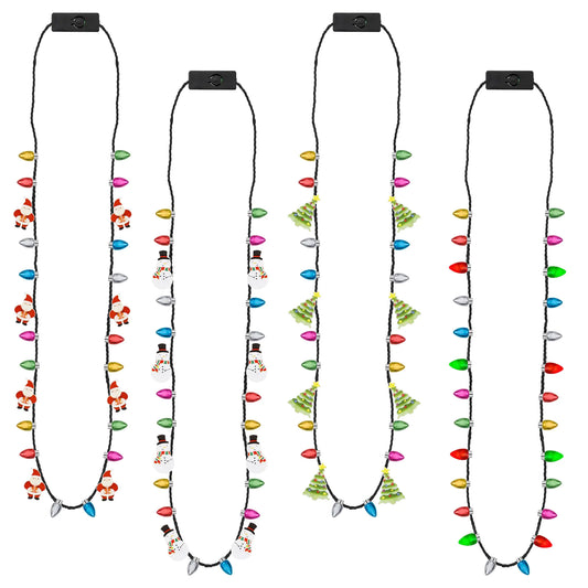 Christmas Necklace 4Pcs Light Up Christmas Necklace Glowing Bulb Christmas Tree Santa Candy Cane Necklaces 3 Modes Colorful Christmas Party Favors Ugly Xmas New Year Eve Party Supplies Accessories