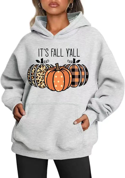 Womens Its Fall Yall Oversized Hoodies Fleece Sweatshirts Fall Leopard Polka Dot Pumpkin Halloween Thanksgiving Long Sleeve Pullover with Pocket(LC-Grey)