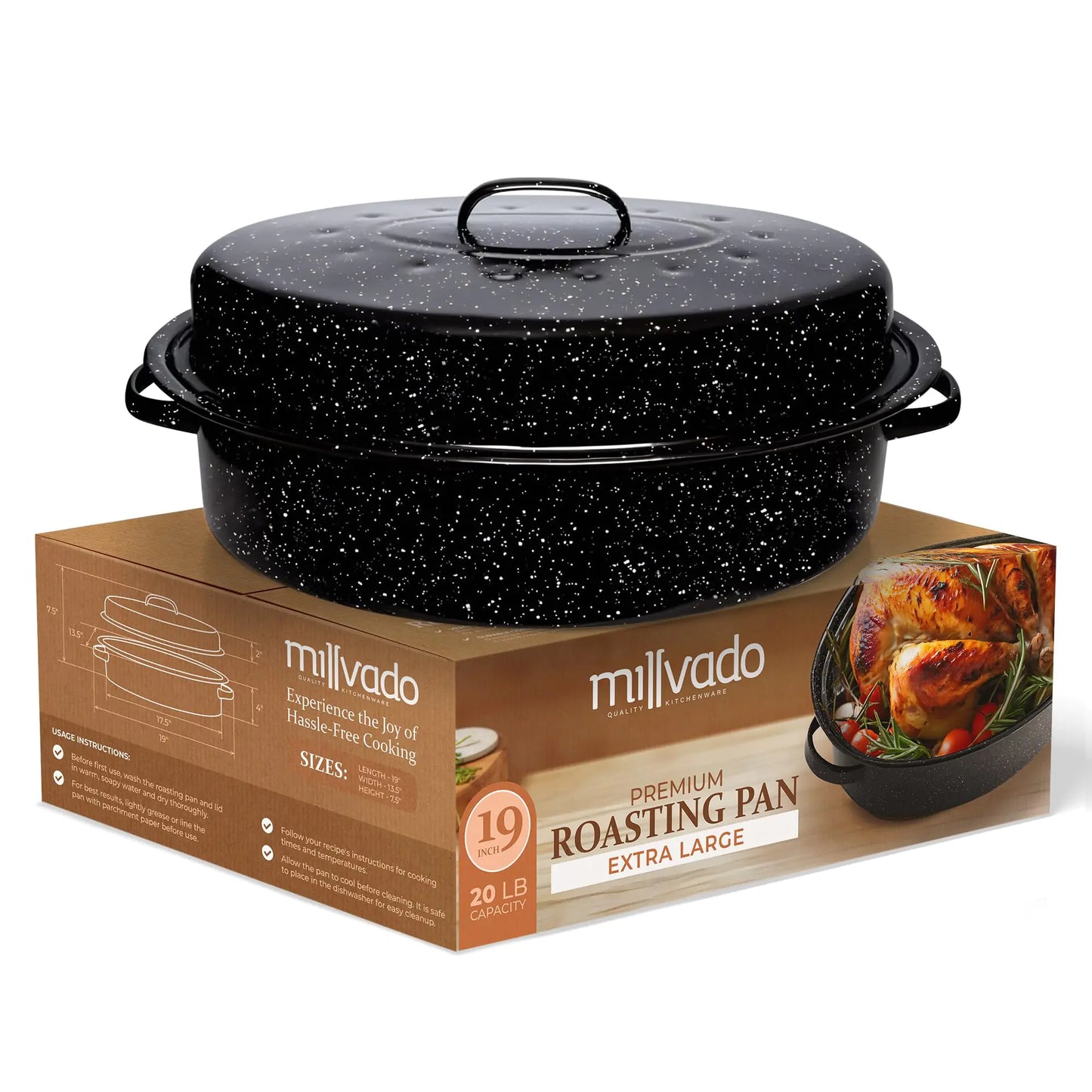 Millvado Roasting Pan With Lid Thanksgiving Turkey Roaster Pan Extra Large 20 lb Capacity 19" Granite Oven Roaster Oval Shaped Speckled Enamel on Steel Cookware