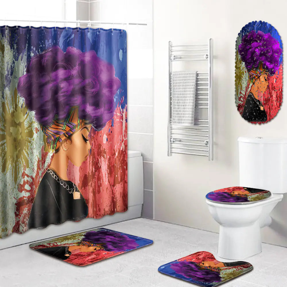 African Woman Bathroom Set with Shower Curtain and Mats
