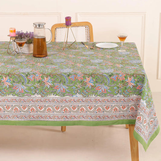 COTSILER Premium Handblock Printed Cotton Floral Tablecloth/Table Cover Rectangular Washable Pre-Washed Event Dining Thanksgiving (Green-D11 72x108 Inches)