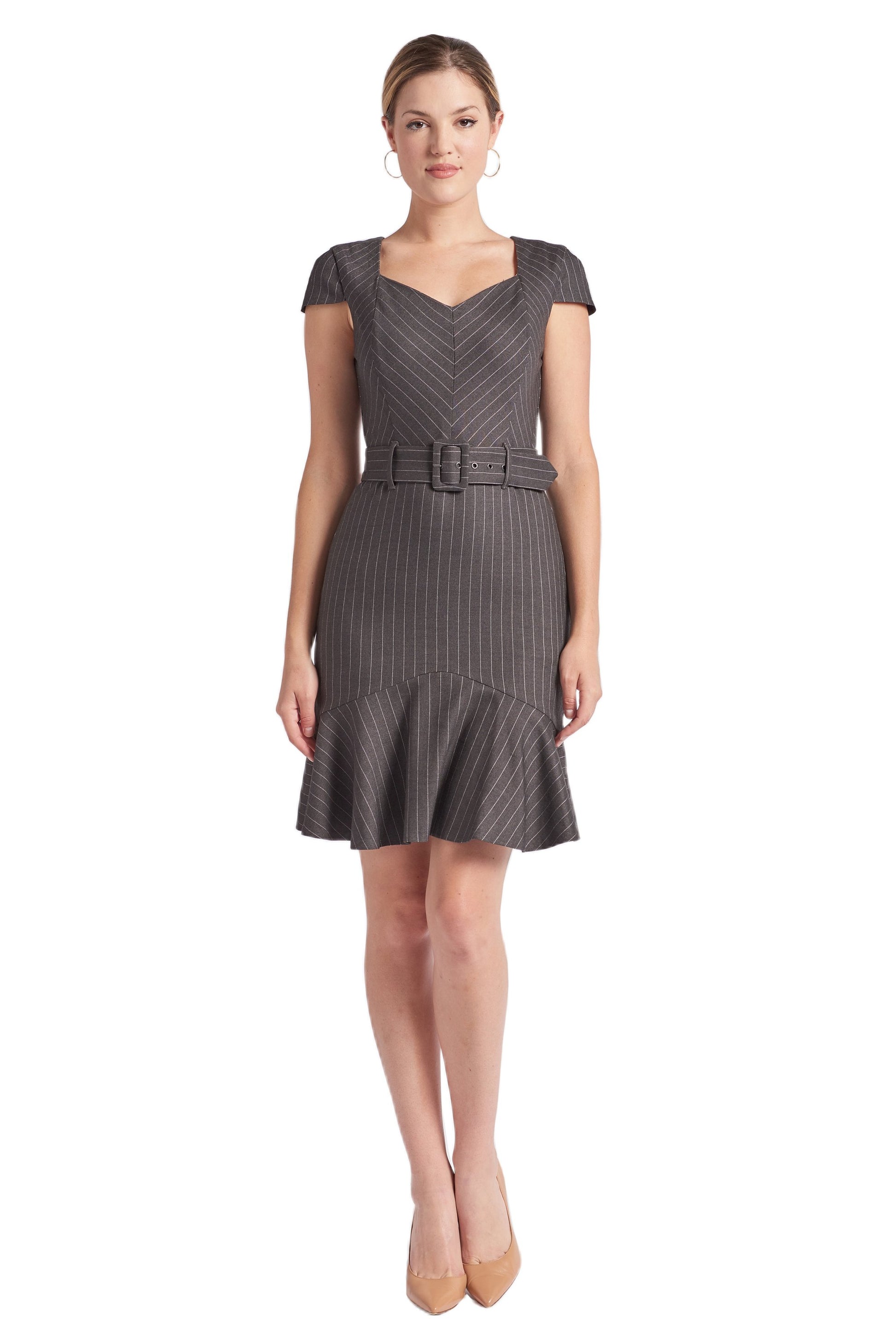 Image of Chelsea Pinstripe Dress - V-Neck Cap Sleeve Work Dress wi... from Edmene LLC