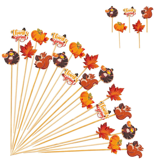 Jiesky 125pcs Fall Cocktail Picks Autumn Theme turkey squirrel pumpkin maple leaf Bamboo Cocktail Toothpicks Fruit Sticks Sandwich Appetizer Charcuterie Skewers for Thanksgiving Day Decorations Party