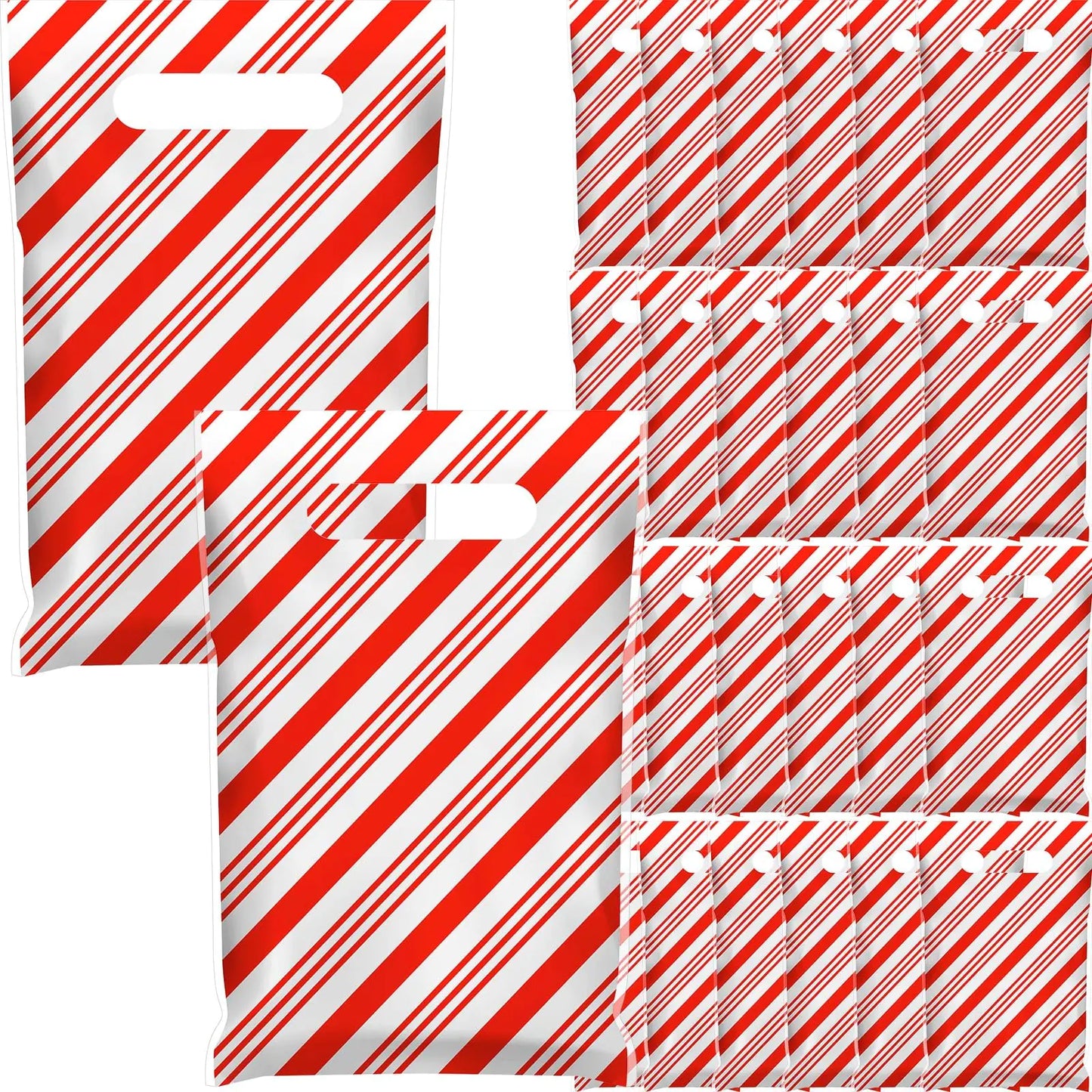 TecUnite 100 Pieces Christmas Plastic Gift Bags Christmas Red and White Striped Candy Bags with Handles Christmas Treat Bags Goodie Bags for Christmas Party Favors