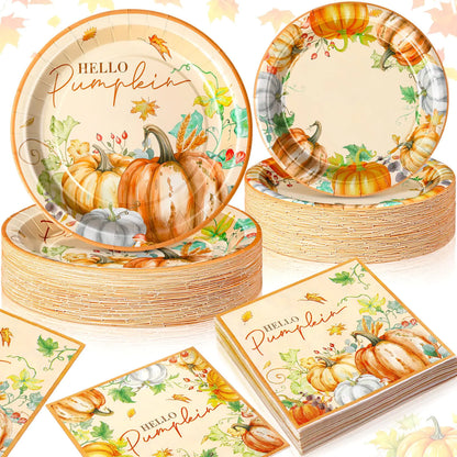 Potchen 180 Pcs Hello Pumpkin Fall Thanksgiving Party Decorations Serve 60 Guest 7 and 9 Party Plates and Napkins Party Supplies Tableware Set for Autumn Birthday Party