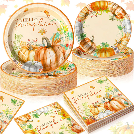 Potchen 180 Pcs Hello Pumpkin Fall Thanksgiving Party Decorations Serve 60 Guest 7 and 9 Party Plates and Napkins Party Supplies Tableware Set for Autumn Birthday Party