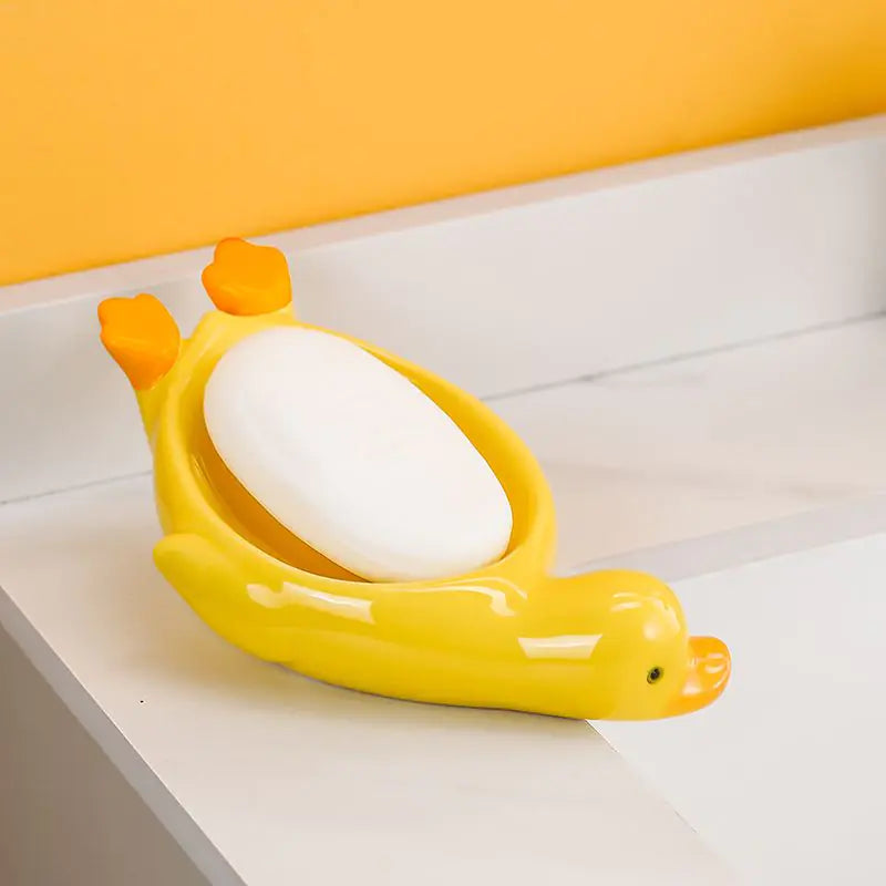 Cute Portable Ceramic Duck Soap Dish Bathroom Organizer