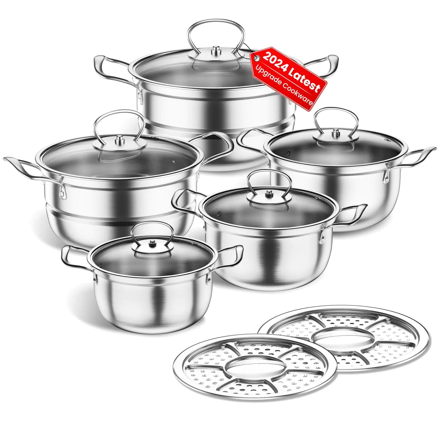 Stainless Steel Cookware Set 12 Piece Kitchen Induction Cookware Set Works with Induction/Electric and Gas Cooktops Kitchen Cooking Set with Glass Lid (Elegant Silver)