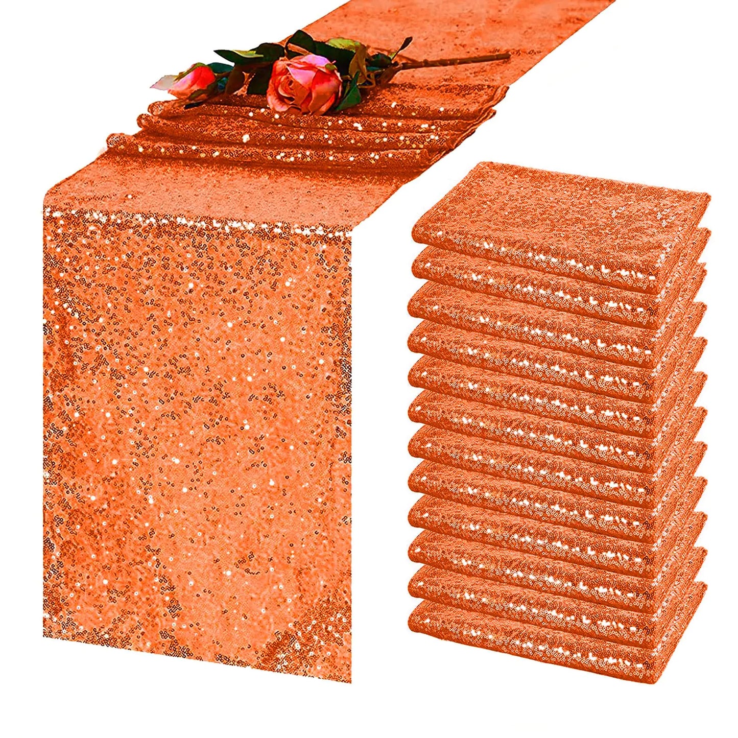 TCBESTO Orange Sequin Table Runner 12"x72" 12 Pack Glitter Table Runner Rust Orange Sparkly Table Runner for Fall Thanksgiving Halloween Wedding Birthday