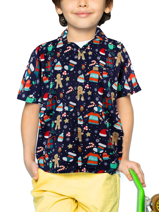 Funky Hawaiian Shirt Kids Boys Christmas X-Mas Shortsleeve Christmas Gingerbread Blue 12