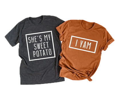 Shes My Sweet Potato I Yam Shirt Thanksgiving Matching Couples Shirt for Husband and Wife Casual Short Sleeve Tops (L Women Brown)