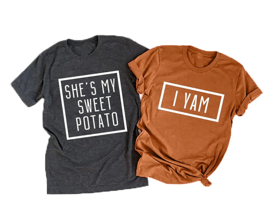 Shes My Sweet Potato I Yam Shirt Thanksgiving Matching Couples Shirt for Husband and Wife Casual Short Sleeve Tops (L Women Brown)