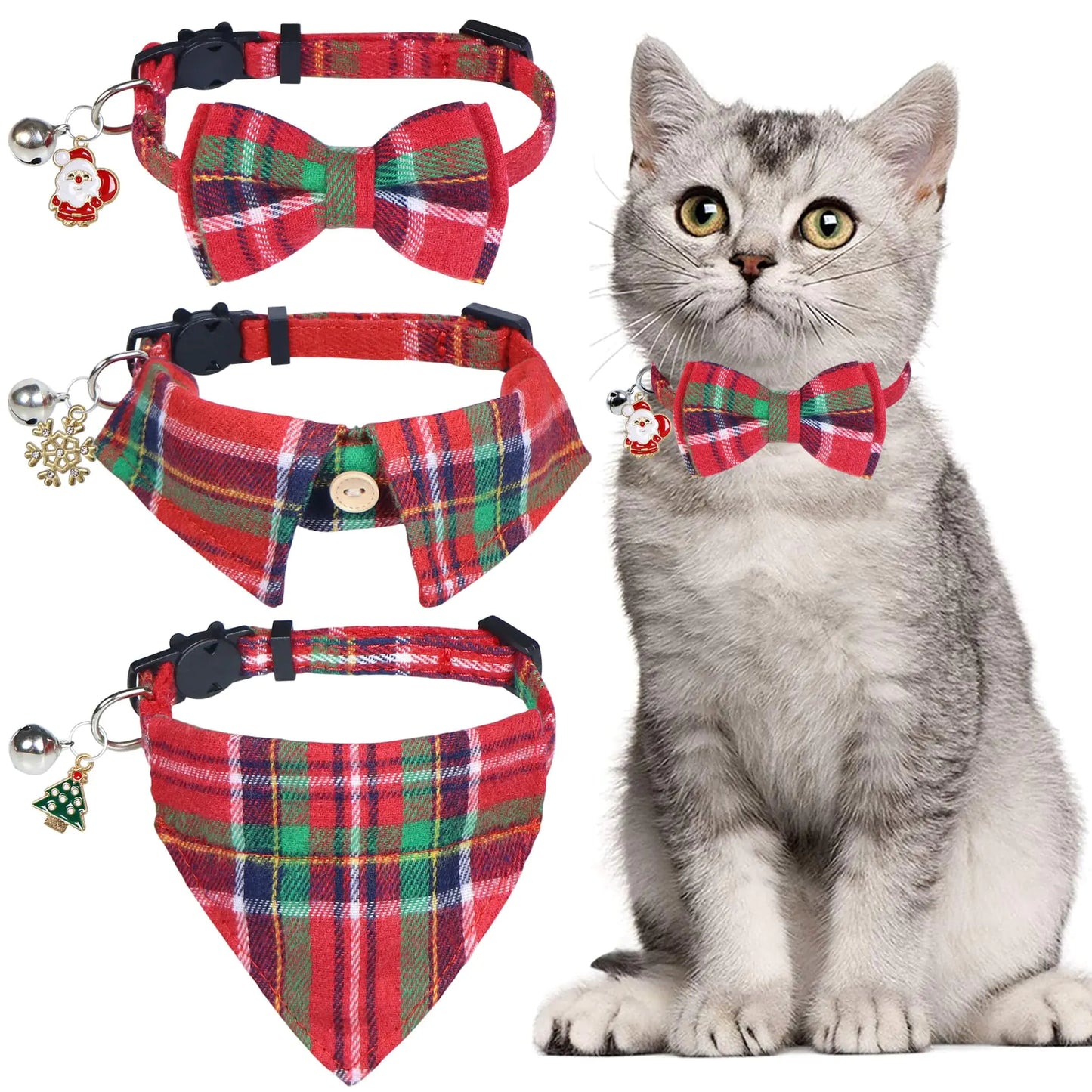 STMK 3 Pack Christmas Cat Collars with Bell Breakaway Christmas Cat Kitten Collars with Bowtie Bandana Shirt Bell Santa Christmas Tree Snowflake for Christmas Cat Costumes Outfits (Red)
