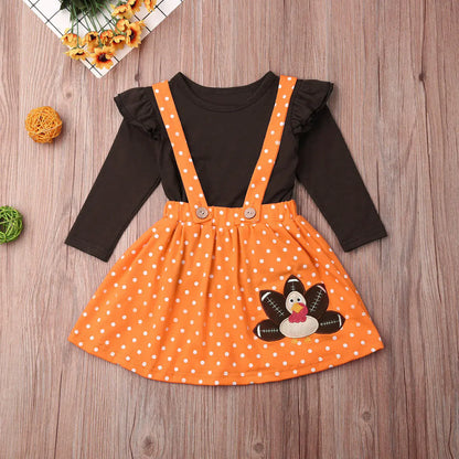 Thanksgiving Toddler Dress Set with Embroidered Turkey