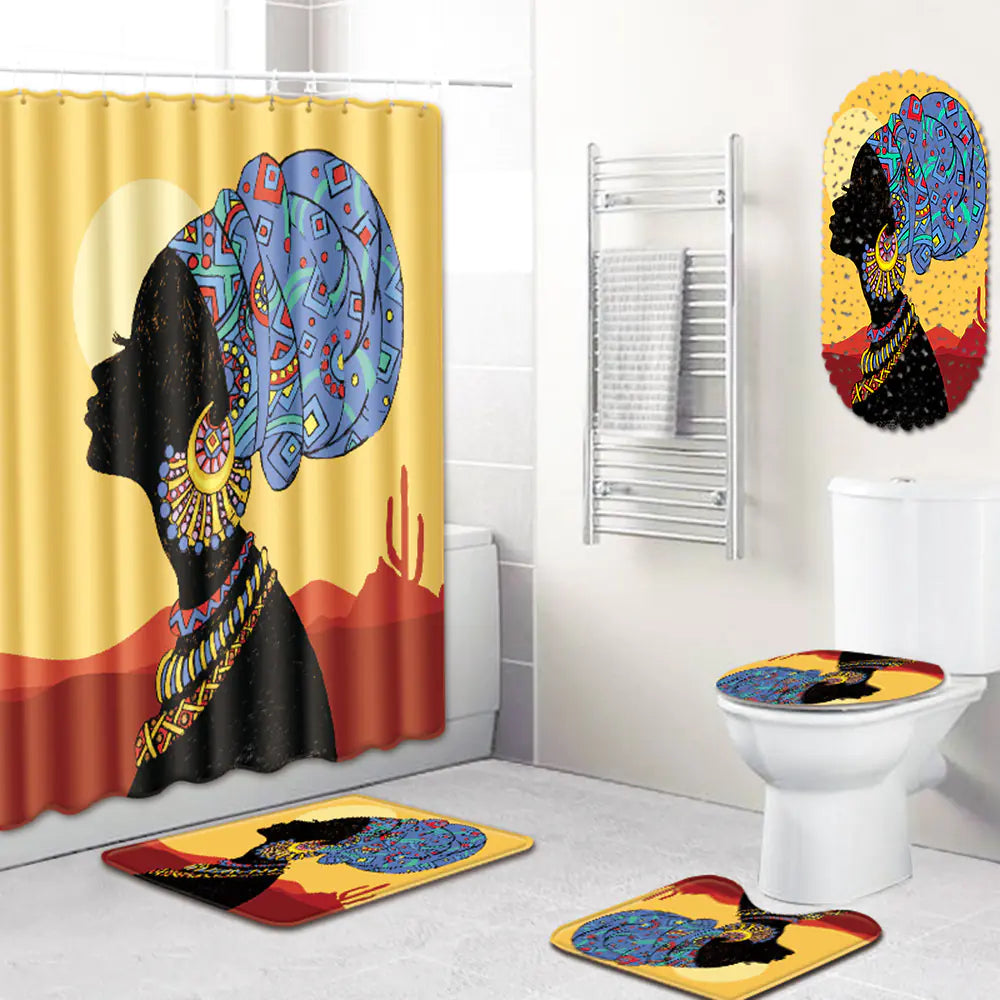 African Woman Bathroom Set with Shower Curtain and Mats