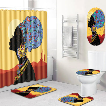 African Woman Bathroom Set with Shower Curtain and Mats