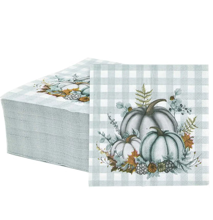SietDESEO 50 Pieces 3-ply Fall Pumpkin Napkins Blue White Thanksgiving Napkins Cocktail Napkins for Dinner Kitchen Bathroom Thanksgiving Party Napkins Disposable